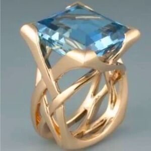 Elegant,Fashionable Women's Large Blue Square Zirconia Ring in 14k gold plating